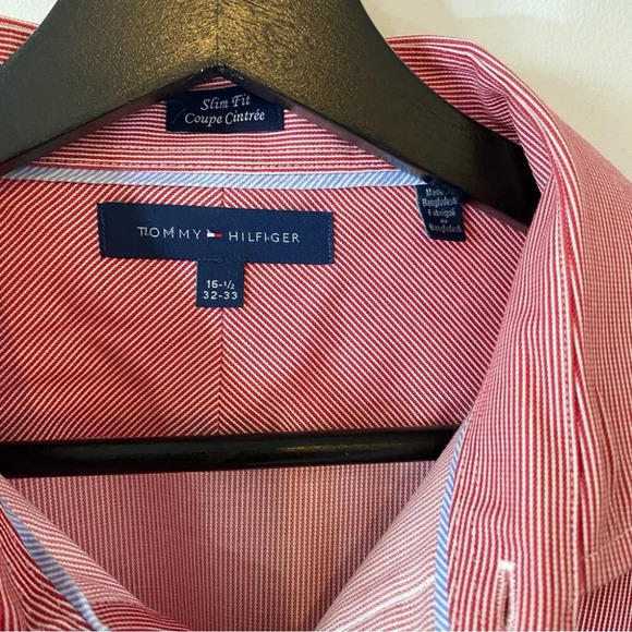 Tommy Hilfiger Slim Fit Red and White PinStriped Button Down 16.5 neck - Picture 13 of 15